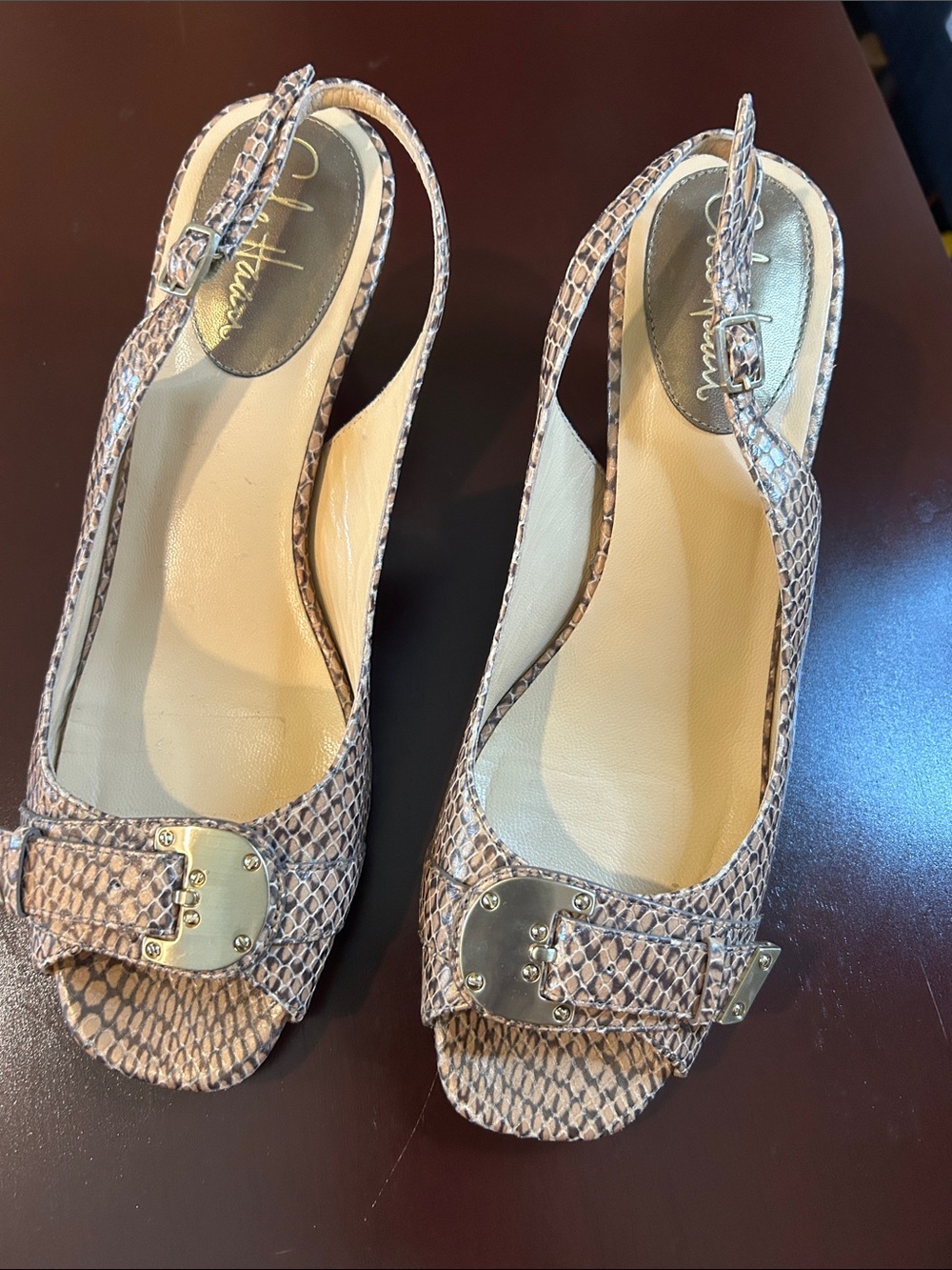 Cole Haan Air Eliana Open toe sling Snake-Print and Gold Buckle. D29115